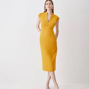 Karen Millen Mustard Structures Midi Dress with Cap Sleeves